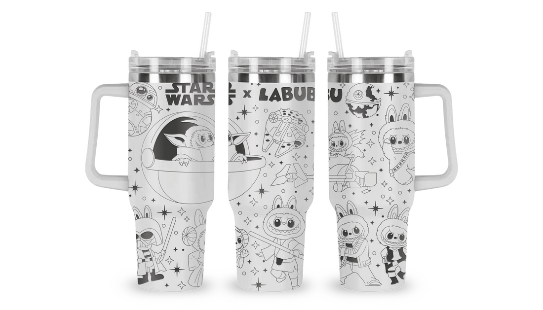 Stainless steel tumbler with an engraved Star Wars x Labubu design, blending iconic characters with Labubu’s playful style
