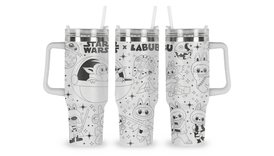 Stainless steel tumbler with an engraved Star Wars x Labubu design, blending iconic characters with Labubu’s playful style