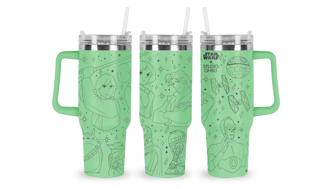Stainless steel tumbler with an engraved Star Wars x Studio Ghibli design, blending sci-fi icons with Ghibli’s whimsical style.