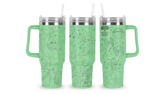 Stainless steel tumbler with an engraved Star Wars x Studio Ghibli design, blending sci-fi icons with Ghibli’s whimsical style.