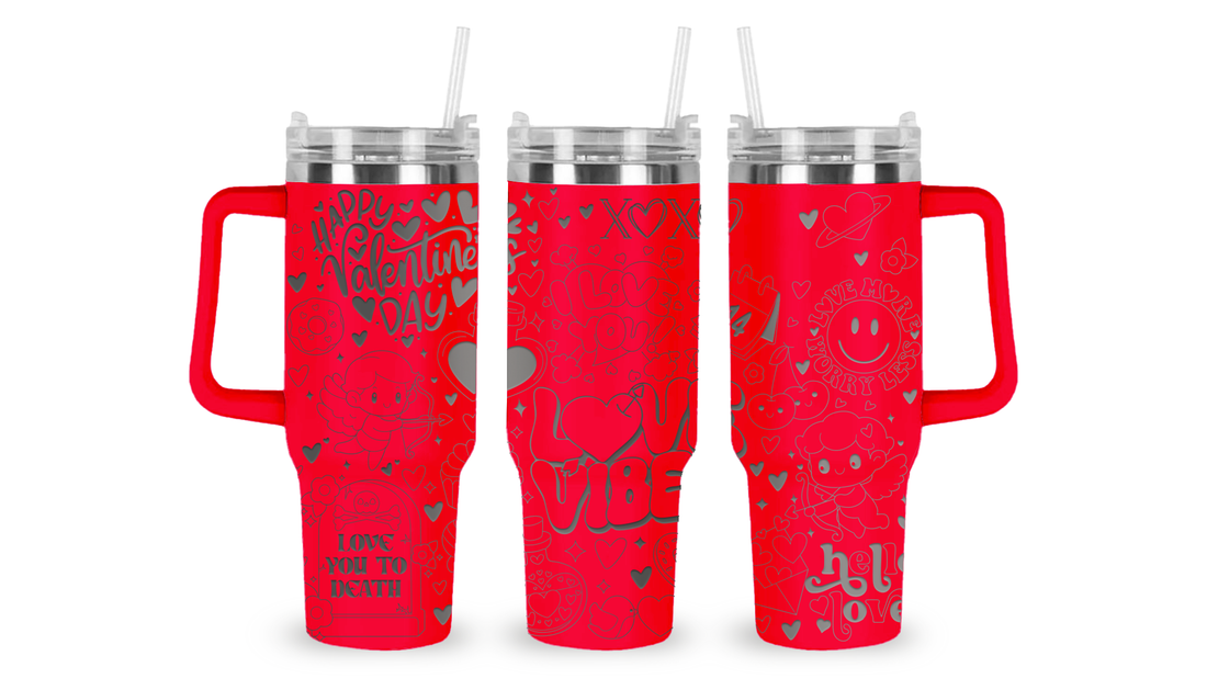 40oz stainless steel tumbler featuring an intricately engraved Valentine’s-themed design. The detailed etching showcases hearts, roses, and romantic elements, adding a charming and elegant touch to this high-capacity drinkware piece.