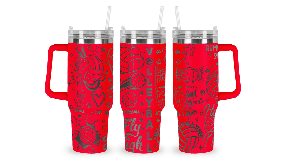Stainless steel tumbler with an engraved volleyball design, featuring a volleyball in motion with sporty details.