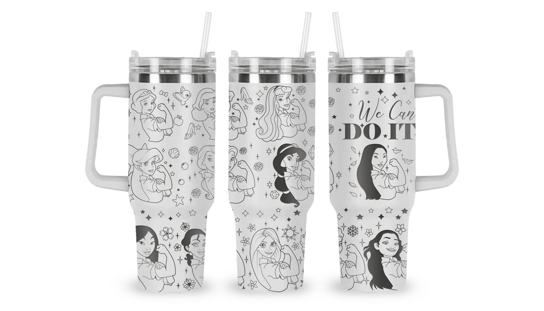 Stainless steel tumbler with an engraved design of Disney Princesses in Rosie the Riveter-style poses.