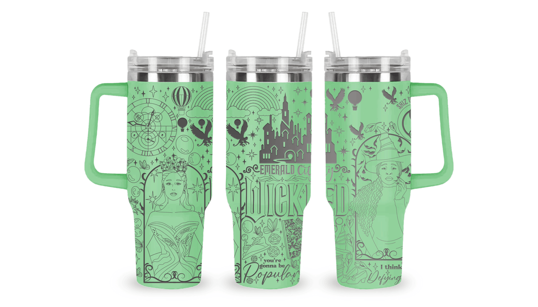 40oz stainless steel tumbler with an engraved Wicked the Movie design, featuring elements inspired by Elphaba and Glinda.